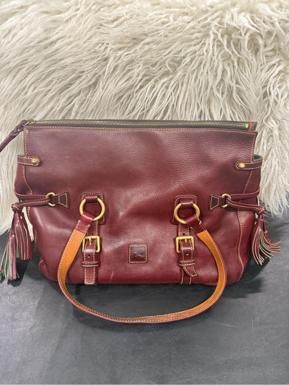 Vintage Dooney & Bourke AWL Burgundy Leather Buckle Shoulder Bag Tassel Satchel